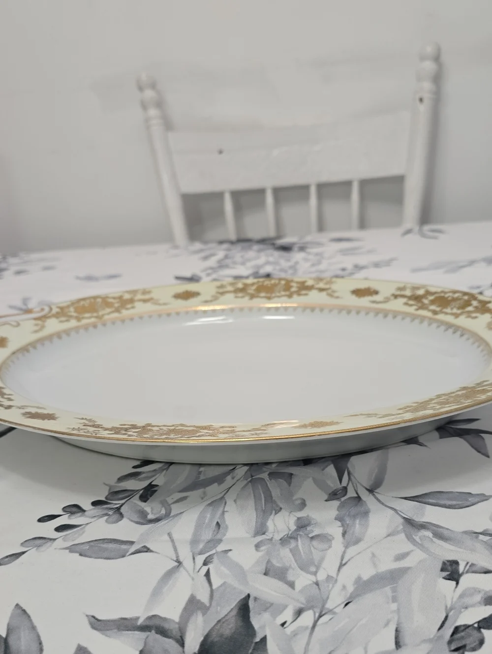 Vintage Wiss China Oval Serving Tray Porcelain Japan White Gold Floral Filigree